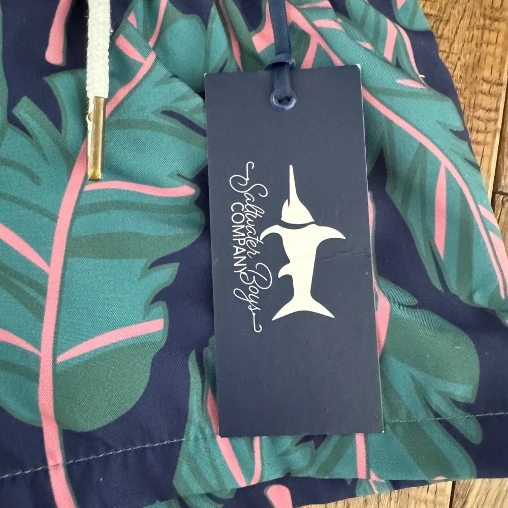 NWT Saltwater Boys Saint Simons Swim Trunks Boys Size 12 Months Navy Palms A‎
